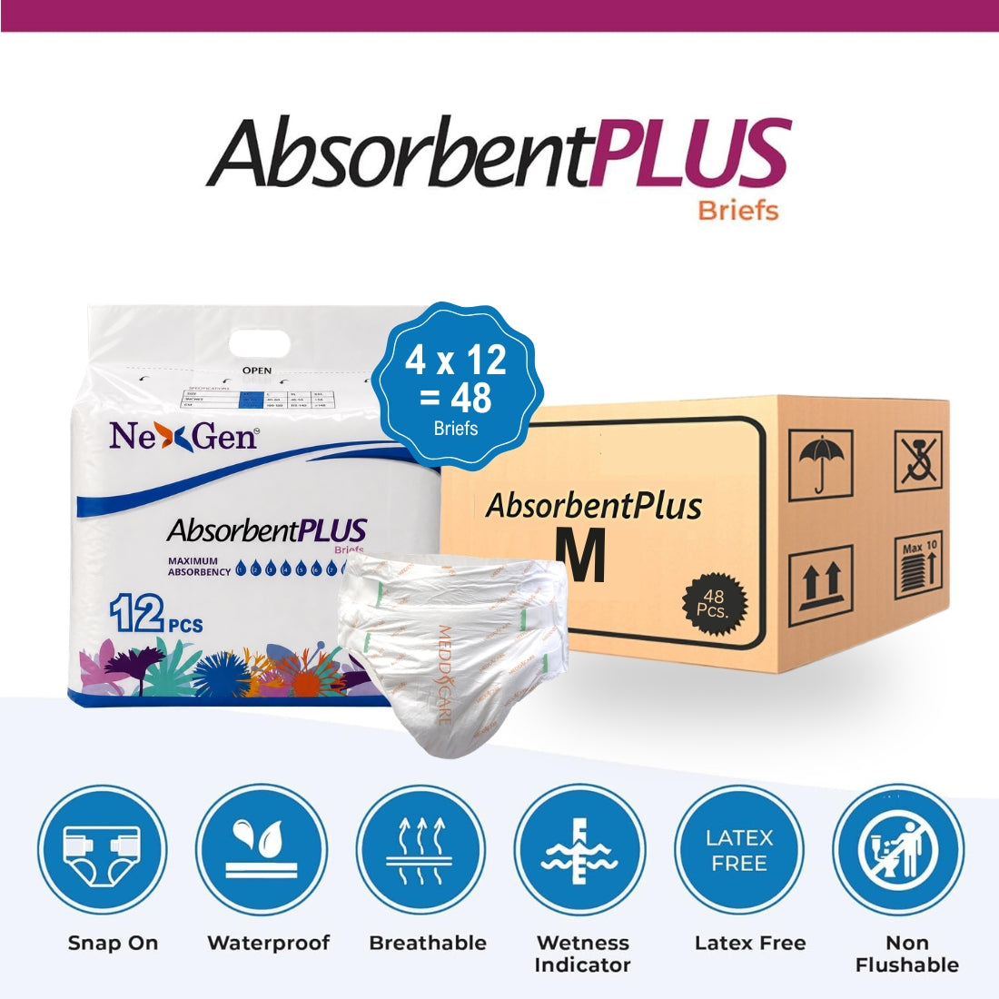 MAP0419-M-Meddcare Absorbent Plus Overnight Brief M &nbsp;12pcs/4bg/cs