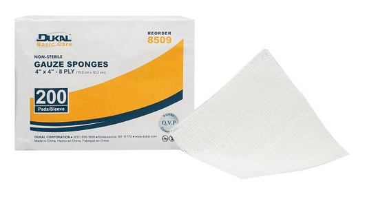 DON-8509  GAUZE SPONGE BASIC CARE 4"X4" 8-PLY N/STERILE 100% WOVEN COTTON 200/BG 20BG/CS-DS