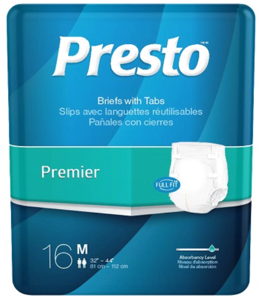 ABB11020-  PRESTO ADULT BRIEF MEDIUM 32"-44" WHITE 16/BG 6BG/CS